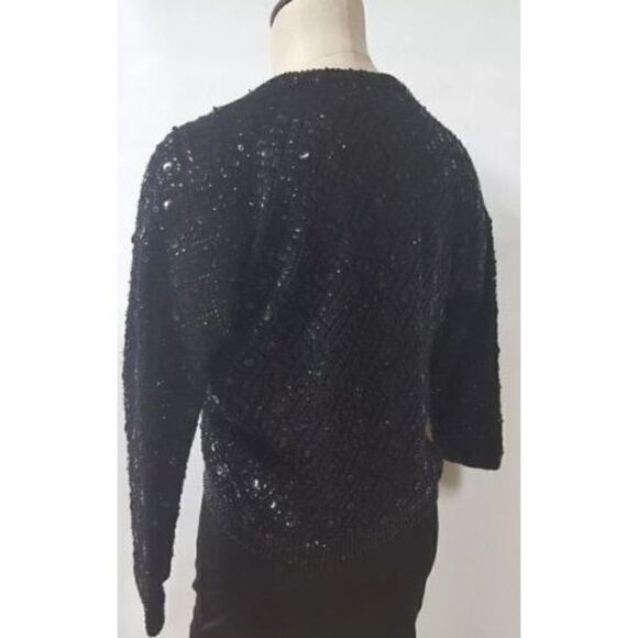 Cyn Les Short Black V Neck Sweater size 36 US Small Sequins Lined 3/4 Sleeve Vtg - Picture 7 of 9